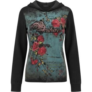 Somewhere Y2K Grunge Rose Graphic Zip Up Hoodie Black Blue Rhinestone USA Made
